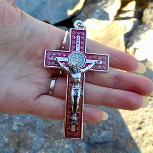 Benedict Crucifix, Large Red & Silver Saint Benedict Cross, Rosary Cross, Pendant, Made in Italy, Beautiful Detail, High Quality Crucifix
