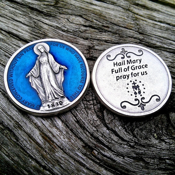 Blue enamel Our Lady of Grace Pocket Coin, Our Lady Comfort Gift, Pocket Token, Hail Mary Prayer Token, Baptism, Confirmation, Sponsor Gift