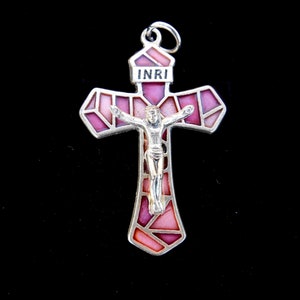 Rosary Crucifix, Pink & Rose Enamel Crucifix, Italian Made, Mosaic Style, 1 3/4 Inch Cross, Italian Rosary Parts, Large Crucifix