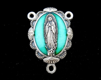 Our Lady of Guadalupe Ornate Center Piece with Green Enamel - 1 1/8 inch , Fancy Rosary Center, Our Lady Rosary, Scalloped Border