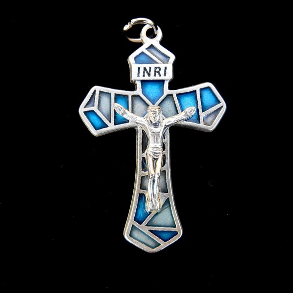 Rosary Crucifix, Blue & Silver Enamel Crucifix, Italian Made, Mosaic Style, 1 3/4 Inch Cross, Large Crucifix, Rosary Parts,