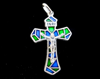 Rosario Crucifijo, Crucifijo de esmalte azul y verde, Hecho en Italia, Estilo mosaico, Cruz de 4,4 cm, Regalo de despliegue, Crucifijo grande, Cruz de paracord