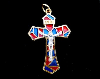Crucifijo del Rosario, Crucifijo de Esmalte de Tono de Oro Azul y Rojo, Hecho en Italia, Estilo Mosaico, Cruz de 1 3/4 de Pulgada, Crucifijo Grande, Partes del Rosario,