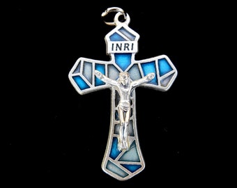 Rosary Crucifix, Blue & Silver Enamel Crucifix, Italian Made, Mosaic Style, 1 3/4 Inch Cross, Large Crucifix, Rosary Parts,