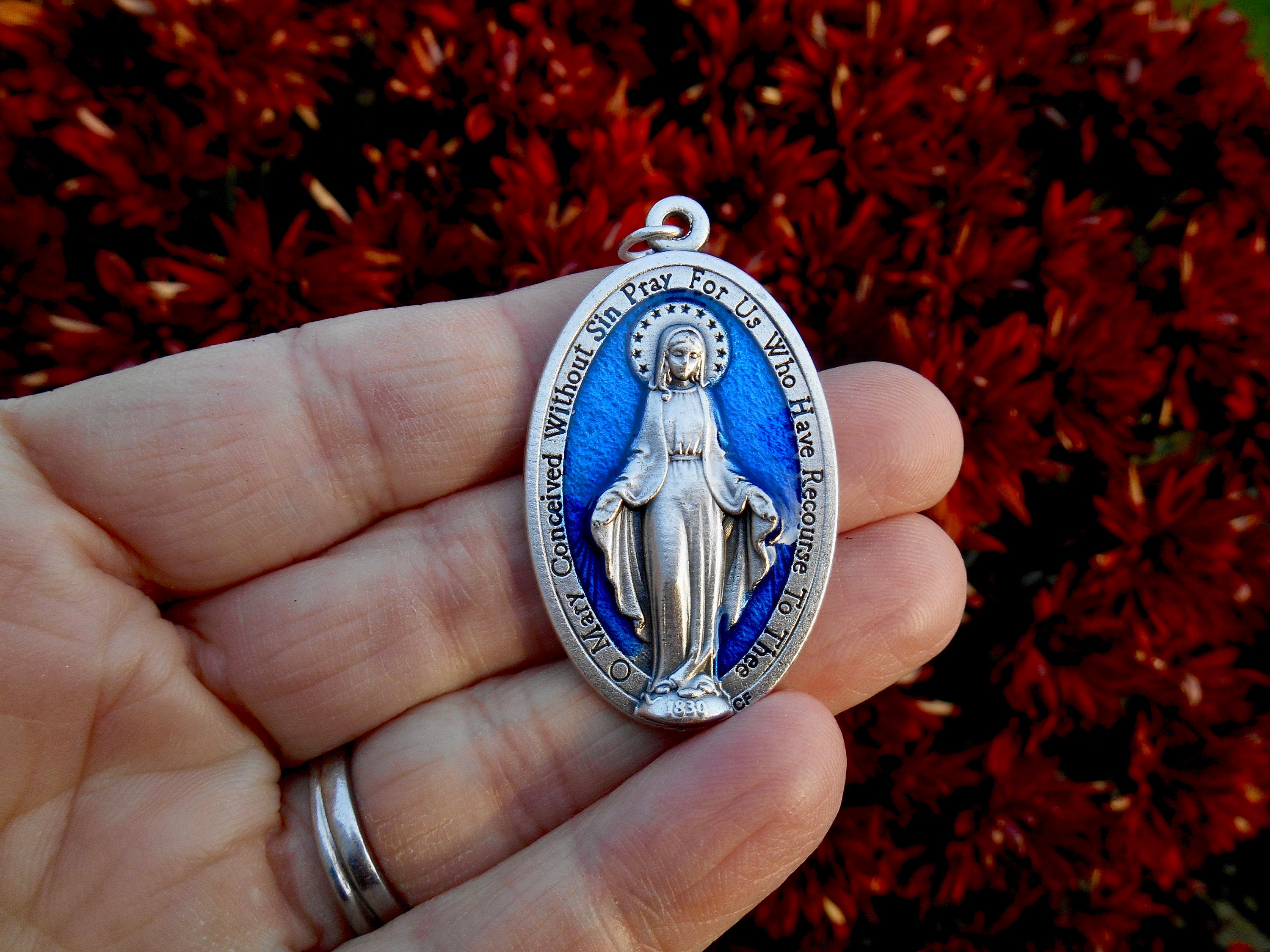 Blue Enamel Miraculous Medal on 18 Chain | Discount Catholic Products