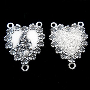 Heart Rosary Center, Madonna and Child Heart, Our Lady Rosary Part, Rosary Center Flowers, Virgin Mary, Silver Tone