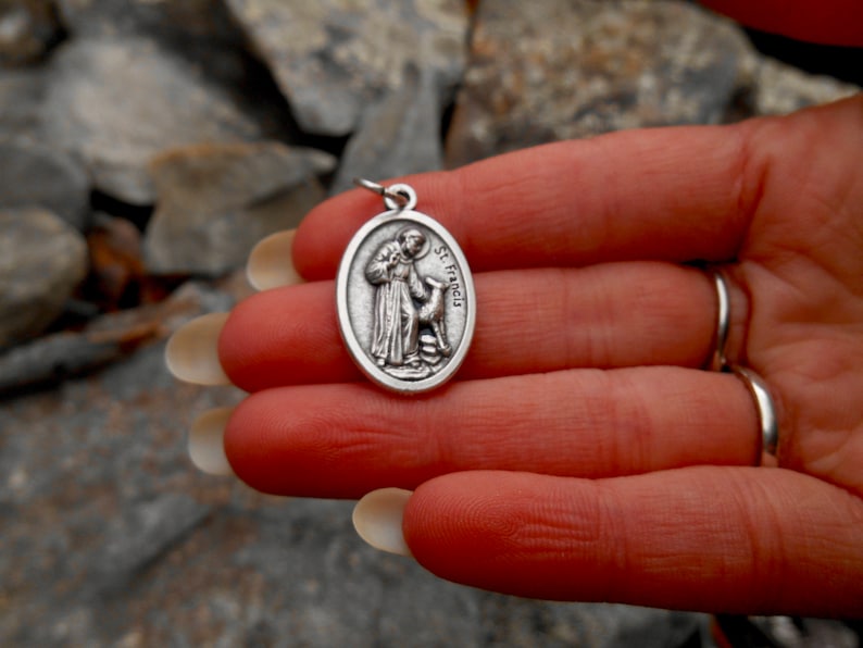 May include: Silver oval pendant with a depiction of Saint Francis of Assisi holding a bird. The pendant has the words "St. Francis" inscribed on it.