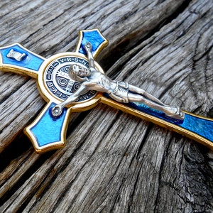XL Pectoral Crucifix, Large BLUE enamel & Gold Tone Benedict Cross, Rosary, Wall Cross, Made Italy, Beautiful Detail, High Quality Crucifix