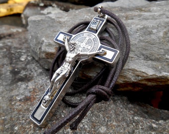 Large 3 Inch Saint Benedict Crucifix, Cord Crucifix, Black Enamel Silver Benedict Cross, Italy, Mens Cross, Confirmation Gift, Auto Crucifix