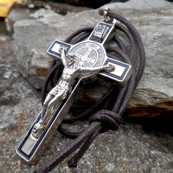 Large 3 Inch Saint Benedict Crucifix, Cord Crucifix, Black Enamel Silver Benedict Cross, Italy, Mens Cross, Confirmation Gift, Auto Crucifix