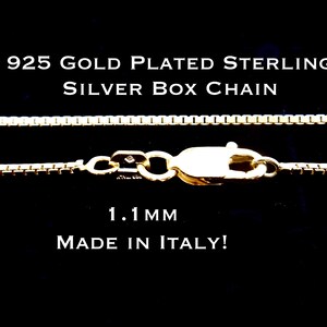 Gold Plated 925 Sterling Silver Box Chain- 925, Elegant Dainty Chain (1.2MM), Length 16, 18, 20, 22 Inches, High-Quality Made in Italy!