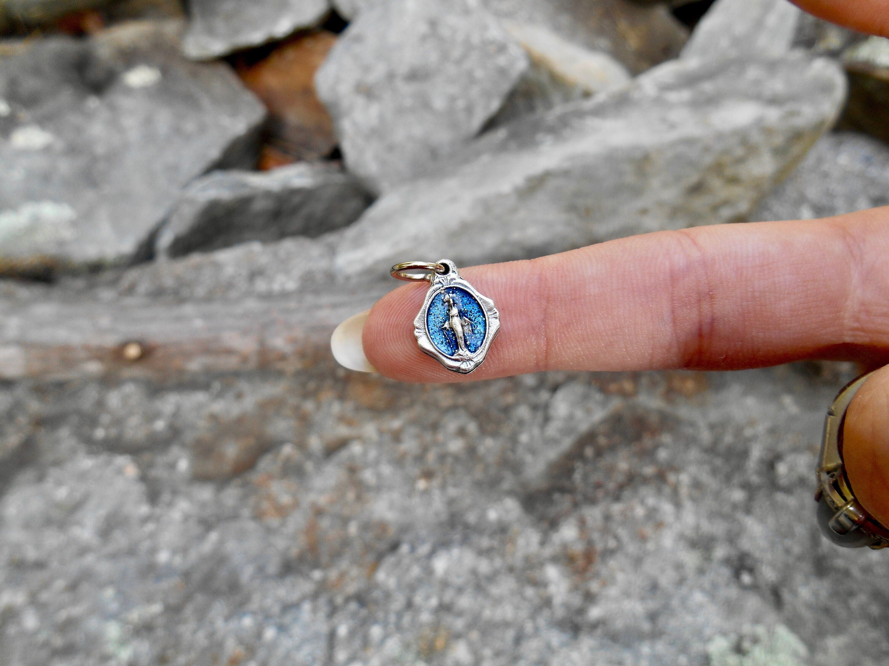Tiny Blue Miraculous Medal/ Mary bracelet Medal/Blue Enamel Miraculous Medal/Catholic Charm/Mary medal/ Star of the Sea Qty (1)
