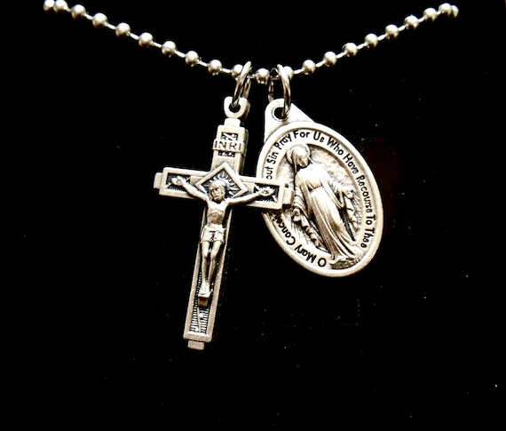 Miraculous Medal, Crucifix Necklace for Men, Catholic Mens