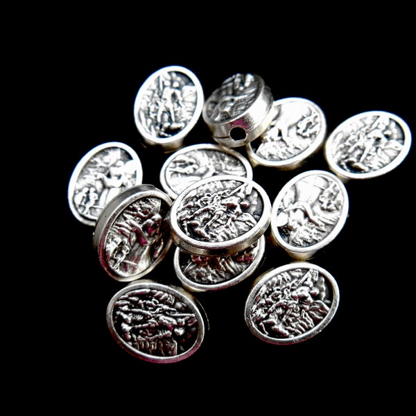 Saint Michael Medal Beads, Beautiful Silver Tone Michael Beads, Set of (12), Guardian Angel Beads, Rosary Beads, Spacer, Pater Beads