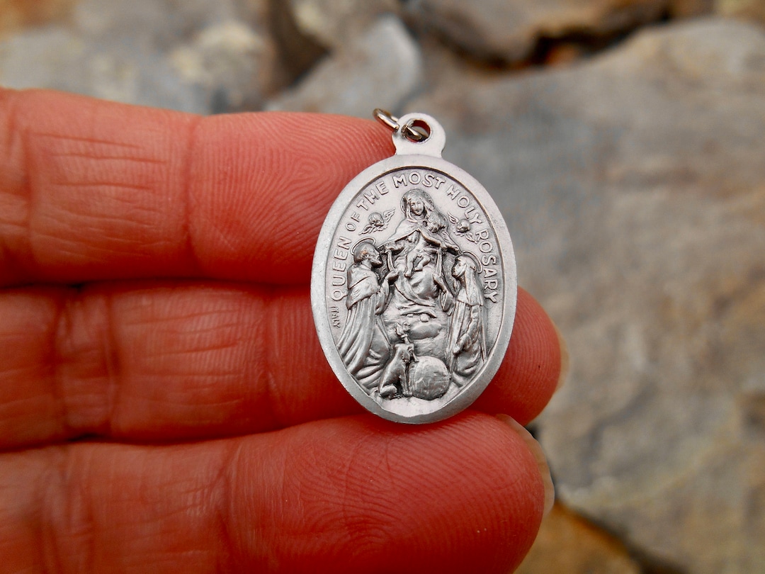 OUR LADY Queen of the Most Holy Rosary- Mary Necklace Medal, Catholic ...