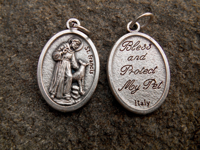 May include: Silver oval pendant with an image of Saint Francis of Assisi holding a bird on one side and the text "Bless and Protect My Pet Italy" on the other side.