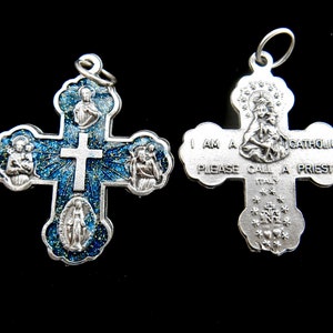 Large 5 Way Cross Pendant Blue Accent/Jesus Five way Cross Double Sided Medal /1 1/4&quot; LARGE /Italy Silver Tone Cross for Rosary or Pendant