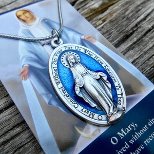 XL Blue Miraculous Medal| Miraculous Medal  Necklace | 18&quot; Stainless Steel Snake Chain | Marian Devotion Gift | Our Lady of Grace Medal
