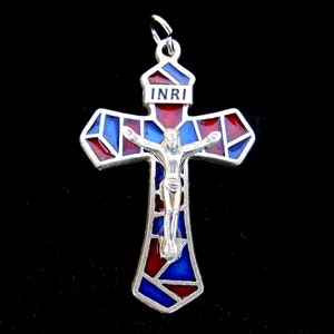 Rosary Crucifix, Blue & Red Enamel Crucifix, Italian Made, Mosaic Style, 1 3/4 Inch Cross, Large Crucifix, Rosary Parts,