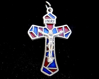 Crucifijo de rosario, crucifijo de esmalte azul y rojo, hecho en Italia, estilo mosaico, cruz de 1 3/4 pulgadas, crucifijo grande, piezas de rosario,