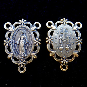 Miraculous Medal Rosary Center,  Antique Brass Tone, Fancy Miraculous Medal, Our Lady with Flowers, Madonna Double Sided Rosary Centerpiece
