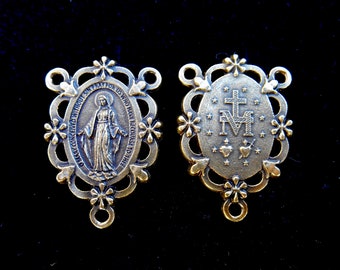 Miraculous Medal Rosary Center,  Antique Brass Tone, Fancy Miraculous Medal, Our Lady with Flowers, Madonna Double Sided Rosary Centerpiece