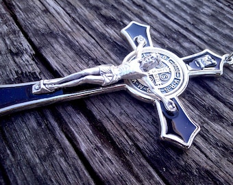 XL Pectoral Crucifix, Large BLACK enamel Silver Tone Benedict Cross, Rosary, Wall Cross, Made Italy, Beautiful Detail, High Quality Crucifix
