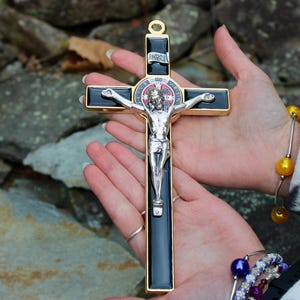 Large Saint Benedict Wall Crucifix, Black Enamel Gold Tone Accent, St Benedict Cross, Italian Made, Large Home Cross, Confirmation Gift,