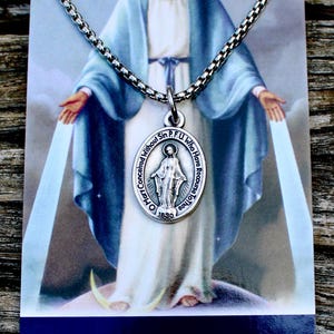 Small Dainty Miraculous Medal, Miraculous Medal Necklace, 23&quot; Stainless Steel Round Box Chain, Marian Devotion Gift, Our Lady of Grace Medal