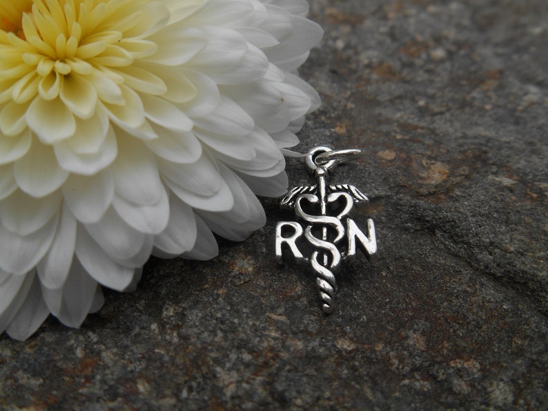 Charme médical/ RN Caduceus Medical Symbol/ Petit charme médical pour bracelet ou collier/ charme dinfirmière/ infirmières argentées /QTY 1 image 1