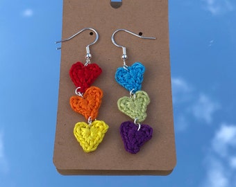 Rainbow Pride Flag Earrings. Dangly Earrings Made Up Of Rainbow Coloured Crochet Hearts. Lightweight Jewellery Perfect As A Gift For a Gay.