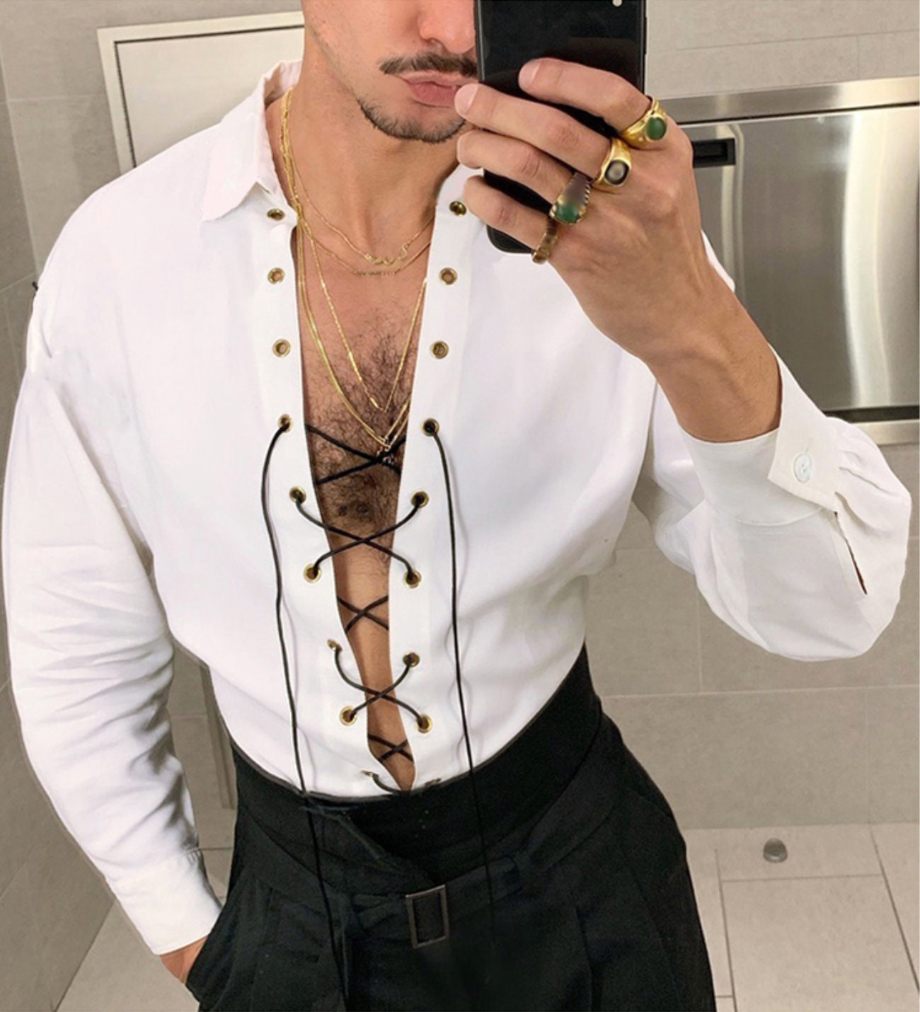 Mens Sexy Drawstring Shirt White Non Binary Clubwear LGBTQ - Etsy