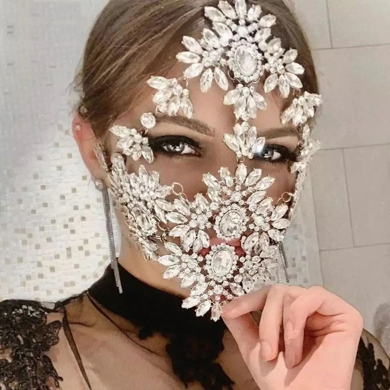 Masquerade Mask, Crystal Masquerade Mask, Rhinestone Mask, Fashion Mask, chain veil,  crystal full face mask Decorative Luxury Jewelry 
