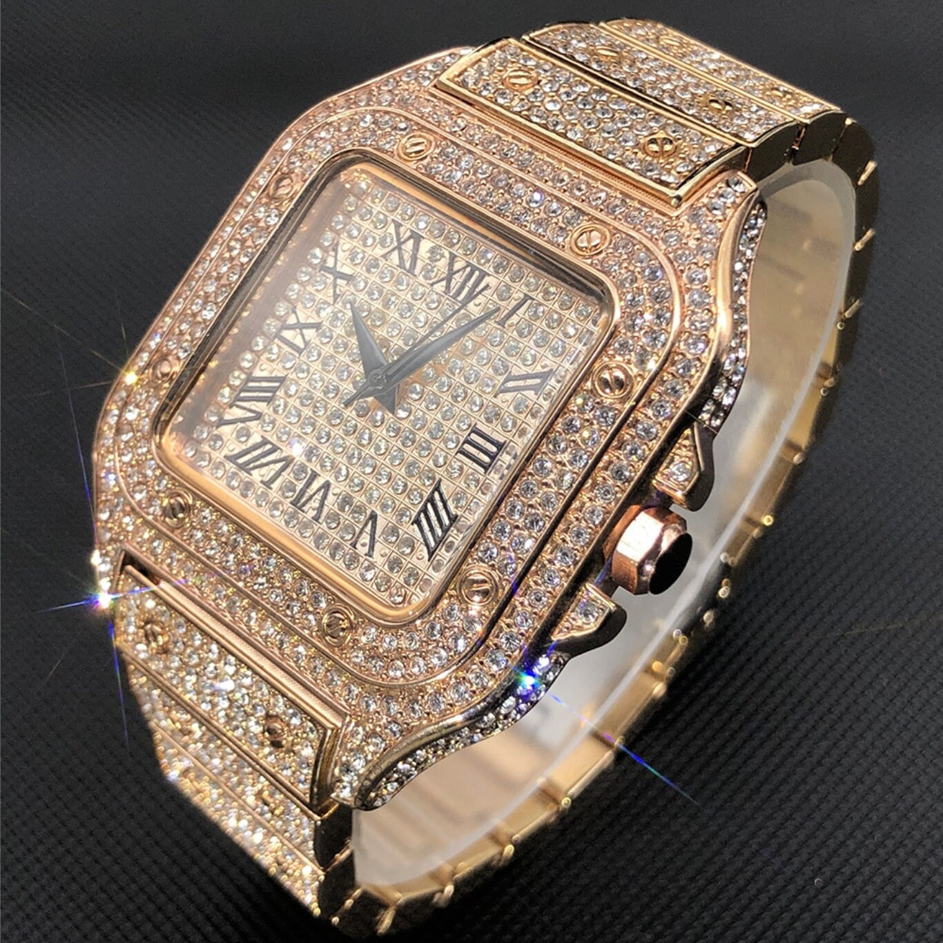 Iced Out Watch Rose Gold Square Diamond Watch Bling Watch - Etsy