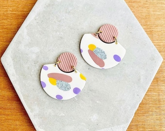 Modernist Polymer Clay Earrings | Fan Earrings | White, mauve, yellow and granite | Statement Earrings | Gift for Her