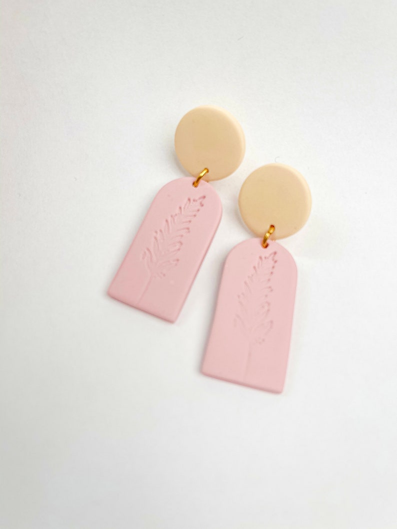 Botanical Clay Earrings Arch Earrings Pink Earrings Clay Jewellery Drop Earrings Minimal Earrings Plant Earrings Gift for her image 2