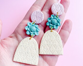 Flower and Arch Polymer Clay Earrings | Clay Jewellery | Drop Earrings | Flower Earrings | Pink, green and champagne | Gift for her