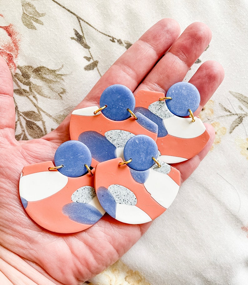 Modernist Polymer Clay Earrings Fan Earrings Terracotta, white, blue and granite Statement Earrings Gift for Her image 2