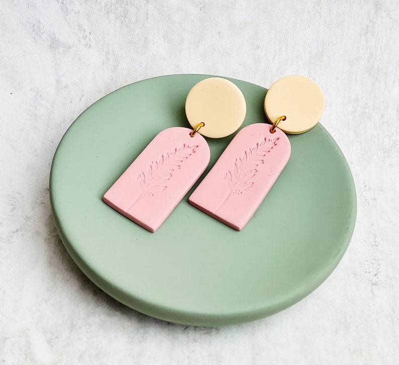 Botanical Clay Earrings Arch Earrings Pink Earrings Clay Jewellery Drop Earrings Minimal Earrings Plant Earrings Gift for her image 1