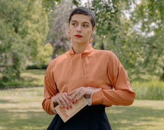 Chemisier en soie pour femme - Chemise en soie à manches longues - Chemisier en soie à nouer - Haut à manches bouffantes - Chemisier de bureau - Cadeau de la Saint-Valentin LAA189