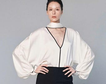 Puff Sleeves Blouse/Silk Long Sleeves Blouse/Reception Blouse/Office Blouse/Gift For Her/Bridesmaid Blouse/Graduation Blouse LABL036