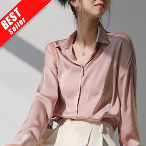 Camicia a maniche lunghe in seta abbottonata/Top da lavoro in seta da donna/Camicetta di seta/Camicia di seta da ufficio/Top di seta/Abbigliamento estivo/Regalo di San Valentino LAA44 immagine 1