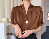 Silk Wrap Blouse/ Black Silk Blouse/ Short Sleeve Blouse