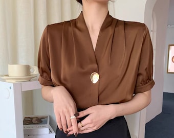 Silk Wrap Blouse/ Black Silk Blouse/ Short Sleeve Blouse/ Loose Blouse/ Sleeve Top/ Puff Sleeve Top/ Summer Clothing/ Gift for her LAA47