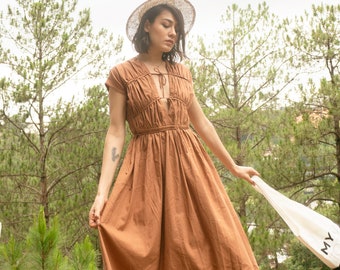 Flax Dress - Linen dress - Vintage Dress - Long Linen Dress - Maxi Dress - Summer dress - Gift For Her - Women Day Gift - Pleated Dress