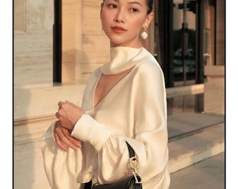 Puff Sleeves Blouse/Silk Long Sleeves Blouse/Reception Blouse/Office Blouse/Gift For Her/Bridesmaid Blouse/Graduation Blouse LAA64