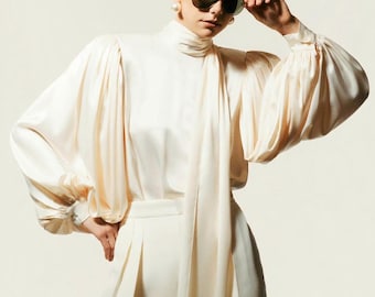 Silk blouse for women - Long Sleeves Silk Shirt - Tie Silk blouse - Puff sleeves top - Office Blouse - Valentine Gift LAA45