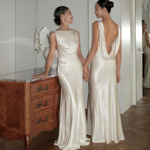 Sukienka w kolorze kości słoniowej - Sukienka maxi - Suknie dla druhen - Sukienka jedwabna - Prosta suknia ślubna - Suknia zaręczynowa - Sukienka slip - Prezent dla niej