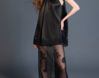Black Silk Halter Dress, High Neck Satin Mini Dress, Asymmetrical Sheer Lace Hem Dress, Elegant Cocktail Dress, Luxury Evening Dress