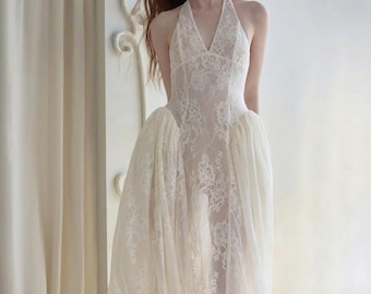 Backless Lace Wedding Dress with Detachable Overskirt, Halter Bridal Gown, Sheer Ivory Wedding Dress for Modern Bride